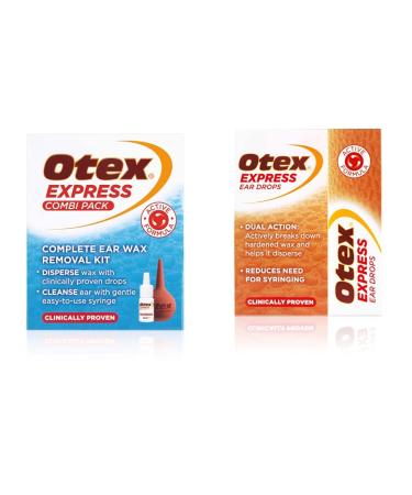 Otex Express Combi Pack Drops with Ear Syringe 10ml & Express Ear Drops 10ml. Clinically Proven Ear Wax Removal Drops For Excessive Hardened Ear Wax. Can Reduce The Need For Syringing + Express Ear Drops