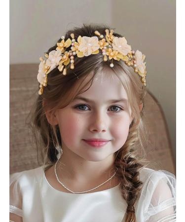 IYOU Flower Wedding Headbands Yellow Pearl Headpiece Floral Birthday Communion Bridal Hair Accessories for Girls - Buy Online on GoSupps.com
