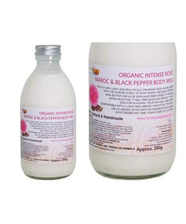 Funky Soap Organic Intense Rose Maroc & Black Pepper Body Milk plastic free glass bottle with 250 ml