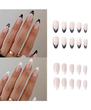 French False Nails Press on Nails Medium Length Acrylic White Tip Pearl Stick on Nails 24pcs Almond False Nails with Glue Elegant Fake Nails for Women Girls (White & Black)