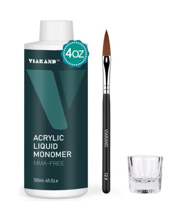 Monomer Acrylic Nail Liquid for Acrylic Powder with bursh and glass cup 4oz Acrylic Monomer Liquid for Acrylic Nails Professional Nail Monomer Liquid MMA-Free Non-Yellowing A05