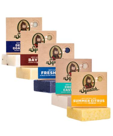 Dr. Squatch All Natural Bar Soap for Men 5 Bar Variety Pack - Summer Citrus Coconut Castaway Fresh Falls Bay Rum Deep Sea Goat's Milk Citrus/Coconut/FreshFalls/BayRum/Goat's Milk