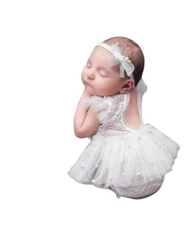 3pcs Baby Girls Photography Props Lace Romper Outfit with Skirt Headband for Newborn Shower Gift Holiday Party Decor