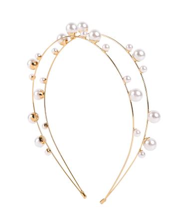 KALIONE Pearl Headband for Women  Elegant Wedding Bride Crown Headband  White Pearl Double Crown Headband Party Hair Accessories with Faux Pearls for Women Girls Bridal Gift