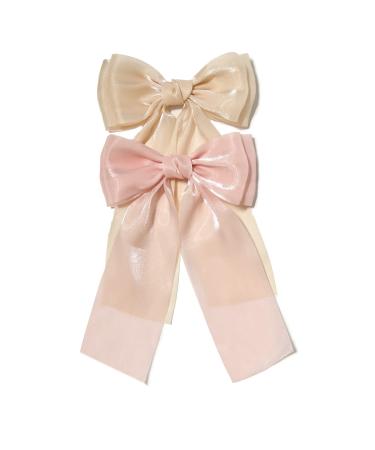 XFYUZR Women Bow Hair Clip Long Tail Ribbon Pink Large Bow Hair Clips Metal Alligator Clips French Vintage Double Large Bow Hair Accessories for Women Girls Kids Photo Shoots Prom Styling 2Pcs (Light Pink+Beige)
