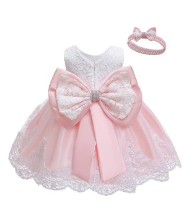 LZH Baby Girls Lace Dress Bowknot Flower Dresses Wedding Pageant Baptism Christening Tutu Gown 0-24 Months 0-3 Months Baby Pink
