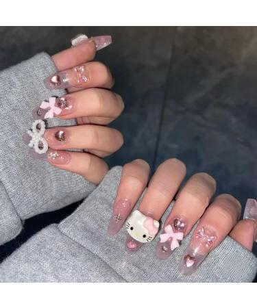 Y2K Coffin Nails Pink Kitty Kawaii 3D Cartoon Fake Nails | 24Pcs Glue-On Set by Dreamynini - Buy Online on GoSupps.com