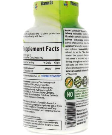 Buy NATURE'S ESSENTIALS Vitamin D3 2000IU - Immune Support Advanced Liposomal Delivery Non-GMO Gluten Free Vegetarian - 100 Tablets for Optimal Health - Buy Online on GoSupps.com