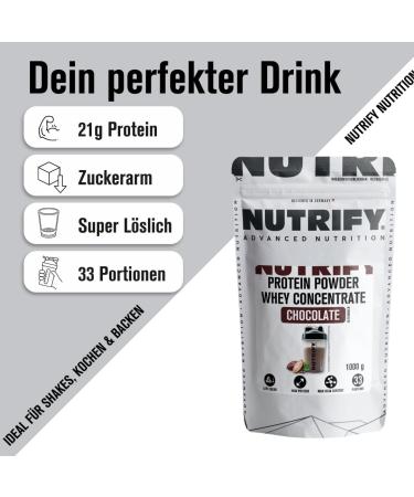 Nutrify Whey Protein Powder Chocolate - 21g Protein Low Sugar Ideal for Muscle & Diet 1kg (33 Portions) - Buy Online on GoSupps.com