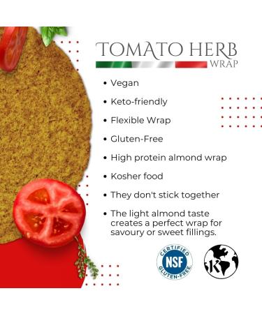 Certified Gluten Free: Piccola Cucina Keto Almond Flour Wraps - Tomato Herb | (30 Wraps- Wholesale) High Protein | Fiber-Rich | Low Net Carbs | Flexible & Versatile - Buy Online on GoSupps.com