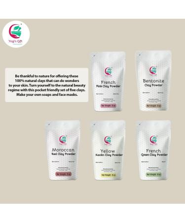 Yogi's Gift Pack of 5 Clays for Mask and Soap Making - Rose, French Green, Kaolin, Moroccan Red, Bentonite Clay - 8oz Each - Best Variety Pack for DIY Projects - Buy Online on GoSupps.com
