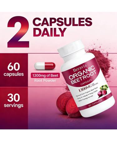 Organic Beet Root Capsules Natural Beet Root for Daily Wellness and Energy Support with Naturally Occurring Plant Nitrates Vegan Non-GMO Gluten-Free-1300mg 60 Capsules 60 Count (Pack of 1) - Buy Online on GoSupps.com