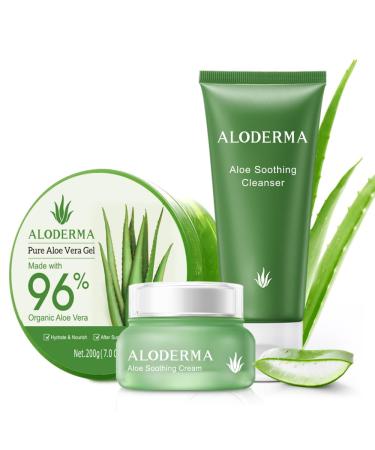 Aloderma Basic Aloe Soothing & Repairing Skin Care Set - 4 Pieces - Soothing Cleanser x2pcs Soothing Cream 200g Aloe Vera Gel