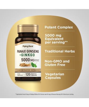 Piping Rock Panax Ginseng & Ginkgo Biloba Supplement | 120 Capsules | with Black Pepper Extract | Vegetarian Non-GMO and Gluten Free Supplement - Buy Online on GoSupps.com