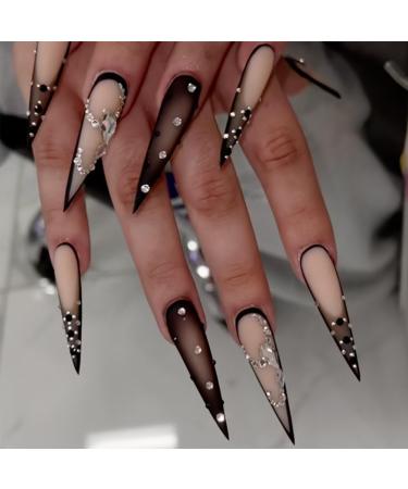 Brown Press on Nails Long Stiletto Pointed Fake Nails with French Tips Rhinestones Designs Sharp Goth Black Ombre Acrylic Nails Stick on Nails Luxury Halloween Glossy Glue on Nails for Women 24Pcs Halloween-4