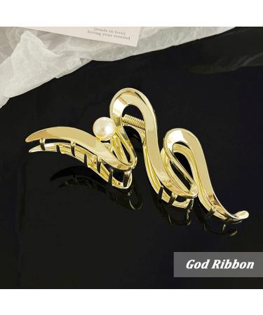 Gold Metallic Ribbon Pearl Hair Claw | Large Size, Strong Hold, Stylish Accessory for Women | 1Pc | Ideal for Thick & Thin Hair - Buy Online on GoSupps.com