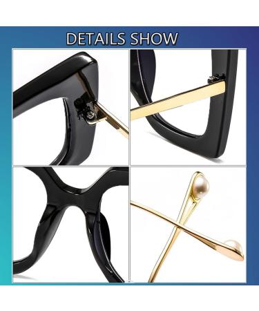 Stylish Oversized Square Blue Light Blocking Glasses for Women | Thick Pearl Inlay Arms | A1 Black 52mm Eyewear - Buy Online on GoSupps.com