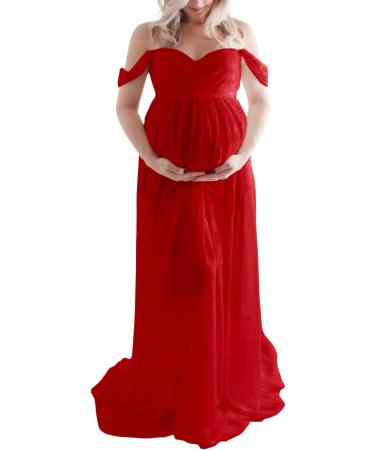 H1ING Off Shoulder Chiffon Maternity Dress for Photography | Red Maxi Pregnancy Gown with Front Split | Maternity Shoot Outfit for Photoshoot - Buy Online on GoSupps.com