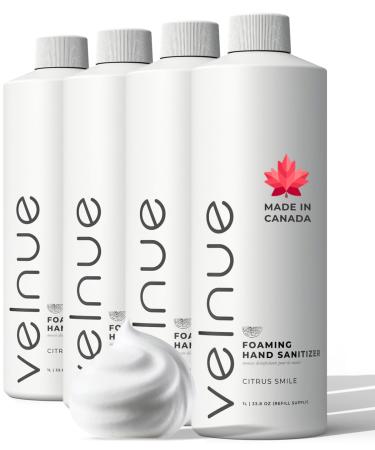 VELNUE Foaming Hand Sanitizer Refill Supply | Made in Canada with Moisturizing Aloe 70% Ethyl Alcohol Vitamin E and Essential Oils | 1L Citrus Smile - 4 Bottles Citrus Smile 4-Pack