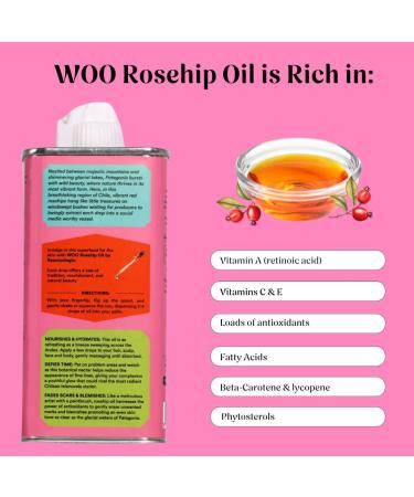 WOO World of Oils Certified Organic Rosehip Oil 100% Pure Cold-Pressed & Fair Trade | Face & Body Oil | Vitamin A C & E Rich | Boosts Collagen Fades Scars & Dark Spots Soothes Acne | 3.4 oz - Buy Online on GoSupps.com