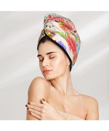 Flowers and Birds Watercolor Hair Towel | Super Absorbent Coral Velvet Wrap for Women | Quick Dry for Long Curly Thick Hair - Buy Online on GoSupps.com