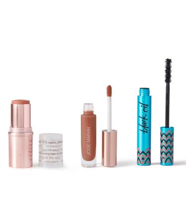 Josie Maran 3-Piece Color Makeup Kit - Argan Oil-Based Makeup Balm for Lips Cheeks and Eyes Hyaluronic Acid Lip Plumper & Argan Black Mascara (3 Piece Set)