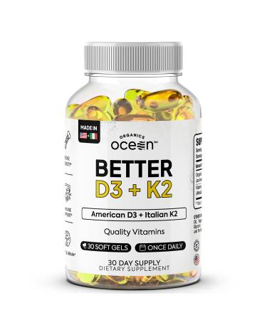 Organics Ocean Better D3 + K2-100% Organic VIT D3 and K2 Supplements with Maximum Bioavailability - Supports Bone Density Calcium Balance Immunity & Mood - 1-Pack 30-Day Supply 30 Count (Pack of 1)