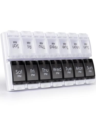MERICARGO Weekly Pill Box Organiser Large Daily Pill Organiser 2 Times a Day Travel Tablet Organiser with Easy Push Button Design for Meds Vitamin Fish Oil Supplements Black & White