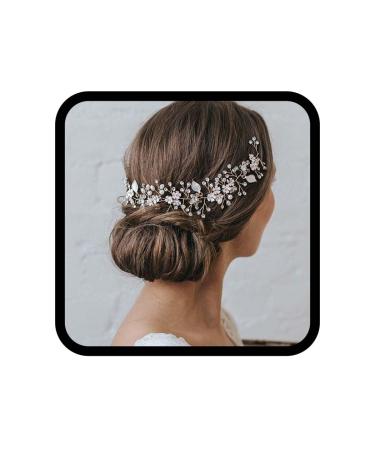 Runmi Bridal Pearl Hair Vine Silver Tone Bridal Jewelry Crystal Hair Accessories for Women Girls