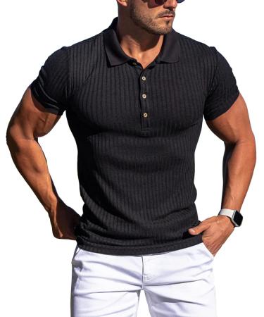 Muscle Polo Shirts for Men Slim Fit Short Sleeve Golf Shirts Men Dry Fit Shirts Casual Stylish Clothes Black Large