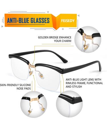FEISEDY Retro Semi-Rimless Blue Light Blocking Glasses - Vintage Horn Rimmed Eyeglasses for Men & Women (B2883 01 Black 56mm) - International Shipping Available - Buy Online on GoSupps.com