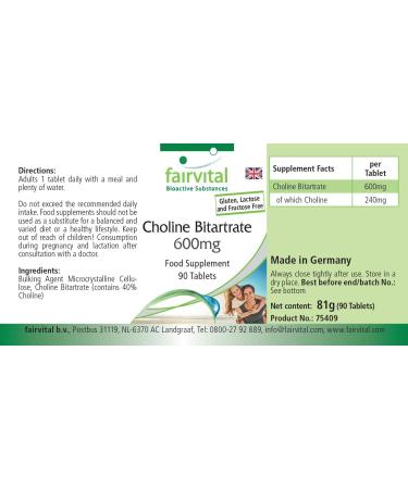 Fairvital | Bitartrate de choline 600 mg - 90 comprim s - M tabolisme h patique et lipidique* - 40% de choline - Qualit contr l e et dosage lev - 100% v gan - Fabriqu en Allemagne - Buy Online on GoSupps.com