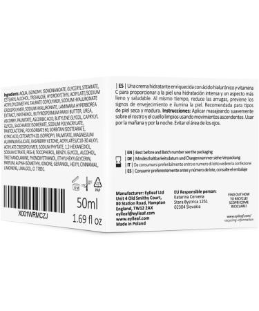 Eylleaf Hyaluronic Acid Cream - Anti Wrinkle Face Moisturiser with Vitamin C for Day and Night 50ml - Buy Online on GoSupps.com