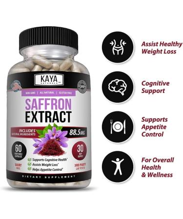 Kaya Naturals Saffron Supplement Capsules - 100% Pure Extract for Energy & Mood Boost | Eye & Heart Health Support - 60 Count - Buy Online on GoSupps.com