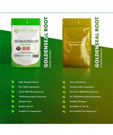 HB Goldenseal | 120 Goldenseal Root Capsules - 600mg 4:1 Extract High Strength Golden Seal Root per Serving | Non-GMO Gluten & Allergen Free | Manufactured in The UK 120 Count (Pack of 1) - Buy Online on GoSupps.com