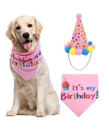 PUPTECK Dog Birthday Bandana Scarfs with Cute Doggie Birthday Party Hat Large Pink