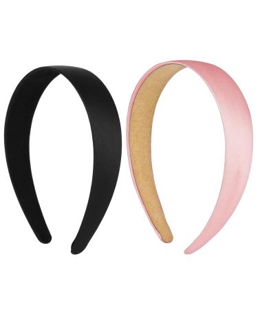 Wllhyf 2 pieces of satin stirring tapes 2.5 cm wide hard headband fashionable solid headband slipproof single-colored hair bands Diy hair jewelry for women girls halloween Christmas (black+pink)