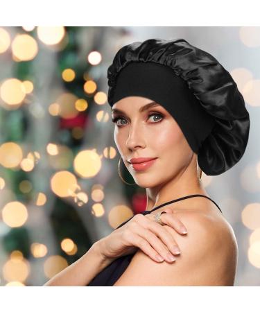 2-Piece Wide Band Satin Sleep Bonnet Set for Women - Black and Wine Red - Buy Online on GoSupps.com