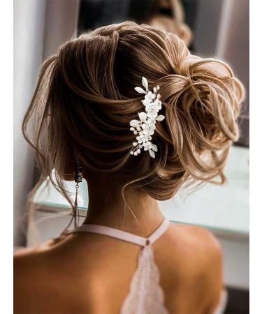 Casdre Flower Bride Wedding Hair Comb Silver Leaf Bridal Hair Piece Pearl Hair Accessories for Women and Girls - Buy Online on GoSupps.com