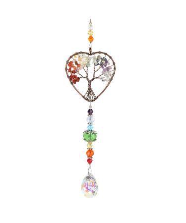 Heart Chakra Crystal Stone Sun Catchers for Windows Tree of Life Tandem Natural Quartz Gemstone Pendant Rainbow Maker Suncatcher Spiritual Gifts for Women Brown Heart Chakra