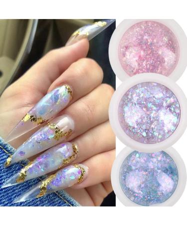 4 Boxes Opal Chrome Nail Art Powder Holographic Glitter Nails Flakes Irregular Shiny Mermaid Sequins Pink Purple Manicure Paillettes Nail Art Decorations Type1- 4 Colors