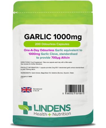 Lindens Garlic 1000mg - 200 Odourless Capsules - Standardised to Provide 700mcg Allicin (Equivalent to 1000mg Fresh Garlic) - 6+ Months Supply - GMP & Letterbox Friendly - UK Made
