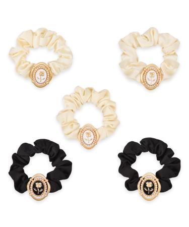 Yonchic 5-Piece Floral Elastic Hair Ties Luxury Brand Design Rose Flower Scrunchies for Women Long Lasting Braids Stylish Ponytail Holders Fashion Rubber Bands Hair Accessories for Ladies Girls