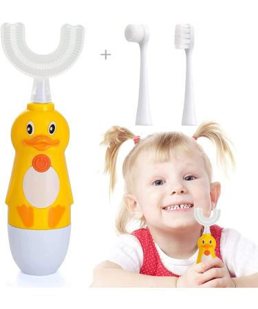 Kids U-Shaped Electric Toothbrush, Caromolly Automatic Massage Toothbrush with U-Type, Cartoon Modeling Toothbrush with Three Types of Brush Heads,Battery Operated,Special Design for 2-6 Years,Yellow 3 Piece Set Yellow