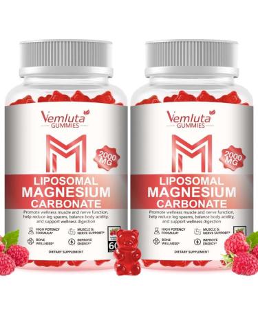 2 Packs Liposomal Magnesium Carbonate Gummies(Per One:1000mg Per Two: 2000mg) High Absorption Magnesium Carbonate Supplement for Adults with Calcium & D3 B6 & Zinc for Nervous Raspberry 60 Count (Pack of 2)