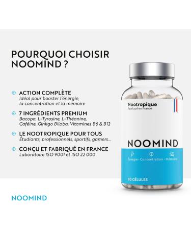 Noomind Nootropic | Concentration Energy and Memory Booster | Bacopa Monnieri L-Tyrosine Caffeine L-Theanine Ginkgo Biloba Vitamin B6 & B12 | 90 Capsules | Made in France - Buy Online on GoSupps.com