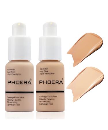 PHOERA Foundation Brush Set, Anglicolor Flawless Full Coverage Foundation 30ml Matte Oil-Control Long Lasting Waterproof Liquid Foundation With Makeup Brush for Women Girls (102+104)