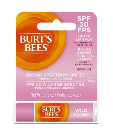 Burt s Bees Tinted Lip Balm SPF 30 100% Natural Origin Mineral Sunscreen Wild Peony Mother's Day Gift 1 Tube in Blister Box
