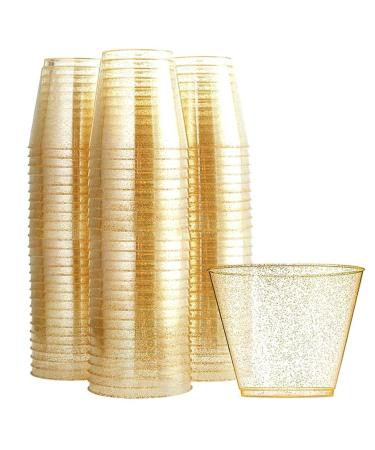 50 Pcs Gold Glitter Plastic Cups Renococo 9Oz Disposable Clear Plastic Cups Wedding Party Cups Disposable Wine Glasses Beverage Wine Glass Champagne Cocktail Cup Clear Glass Cup Plastic Glasses