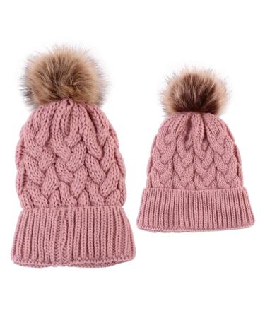 2PCS Family Matching Hat Winter Warmer Mother & Baby Knit Hat Ski Cap Baby&Mother Pink